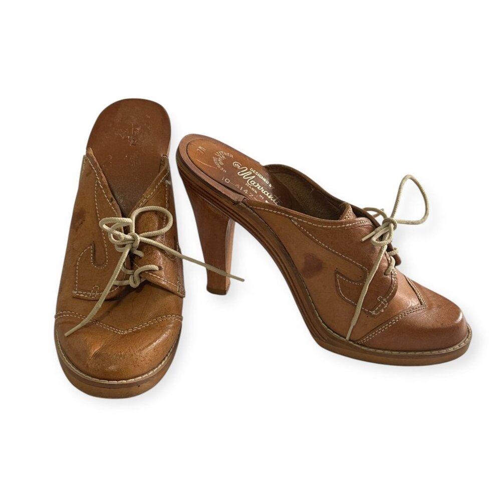 Vintage Marrantino Lace Up Clog Mules Leather Wood Heel‎ 1970s